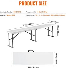 VEVOR Folding Bench Plastic Portable Outdoor Picnic Garden 183 cm Bench White