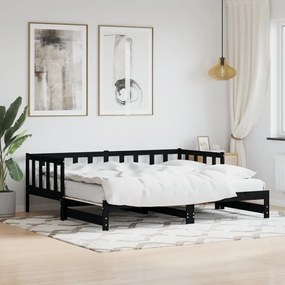 Καναπές Κρεβάτι Συρόμενος Μαύρος 90 x 190 εκ. Μασίφ Ξύλο Πεύκου - Μαύρο