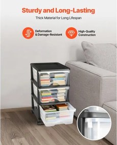 VEVOR Plastic Storage Drawers Cart 3 Drawers Rolling Storage Organizer w/ Wheels