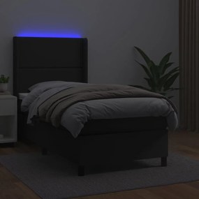 Κρεβάτι Boxspring με Στρώμα &amp; LED Μαύρο 90x190 εκ. Συνθ. Δέρμα - Μαύρο