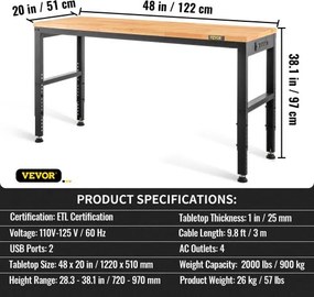 VEVOR Adjustable Height Workbench 48"L x 20"W Work Bench Table with Power Outlet