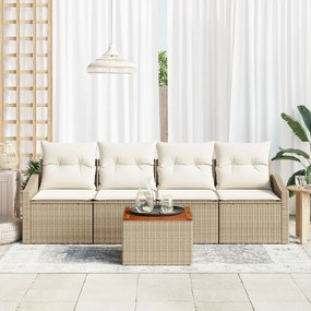 vidaXL Σετ 5 Τεμαχίων Καναπέ Κήπου με Μαξιλάρια Μπεζ Πολυ Ρατάν Ακακία