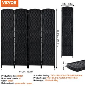 VEVOR 4 Panel Room Divider Hand-Woven Folding Privacy Screen with Hinges Black
