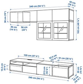 BESTÅ σύνθεση αποθήκευσης TV/ γυάλινες πόρτες/συρτάρια ανοίγματος με πίεση, 240x42x231 cm 094.123.51