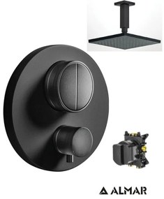 Almar Black matt Ανακλινόμενη κεφαλή 20εκ+Thermo-Core Push Θερμοστατικός μίκτης εντοιχισμού+κιτ εντοιχισμού