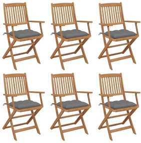 Καρέκλες Κήπου Πτυσσόμενες 6 τεμ. από Ξύλο Ακακίας με Μαξιλάρια - Γκρι