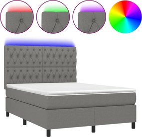 vidaXL Κρεβάτι Boxspring με Στρώμα &amp; LED Σκ.Γκρι 140x190εκ. Υφασμάτινο