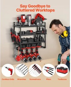 VEVOR Power Tool Organizer Wall Mount, 4-Layer Storage Rack with 4 Drill Holders, Tools Holder and Storage Rack with Screwdriver Holder, Garage Tool Organizer for Garage, Workbench, and Workshop