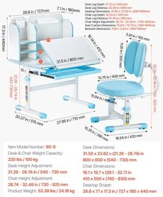 VEVOR Kids Study Chair and Desk with Bookshelf &amp; Drawer Height Adjustable Blue