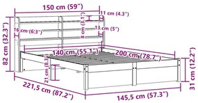 Πλαίσιο Κρεβατιού με Κεφαλάρι 140x200 εκ. από Μασίφ Ξύλο Πεύκου - Καφέ