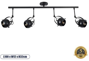 01082 GloboStar® CANNES 01082 Μοντέρνο Φωτιστικό Οροφής Ράγα Πολύφωτο 4 x E27 IP20 Μαύρο Μέταλλο - Μ108 x Π12 x Υ48cm