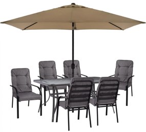 DINING SET 8PCS TABLE, GRAY ARMCHAIRS &amp; MOCHA GRAY UMBRELLA