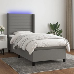 Κρεβάτι Boxspring με Στρώμα & LED Σκ.Γκρι 90x200 εκ. Υφασμάτινο