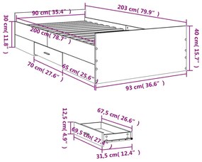 Πλαίσιο Κρεβατιού με συρτάρια Μαύρο 90x200 εκ. Επεξεργ. Ξύλο - Μαύρο