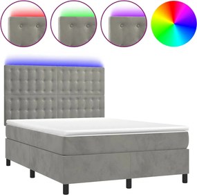 vidaXL Κρεβάτι Boxspring με Στρώμα&amp;LED Αν. Γκρι 140x190 εκ. Βελούδινο