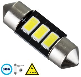 GloboStar® 81301 Λάμπα Αυτοκίνητου 31mm FESTOON - C5W LED 3 SMD 5630 1.5W 225lm 120° DC 12V IP20 Ψυχρό Λευκό 6000K