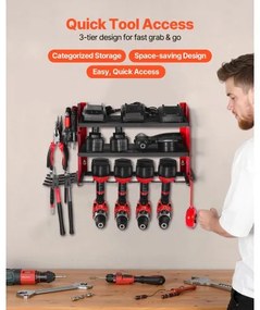 VEVOR Power Tool Organizer Wall Mount, 3-Layer Storage Rack with 4 Drill Holders, Tools Holder and Storage Rack with Side Pegboards, Garage Tool Organizer for Garage, Workbench, and Workshop