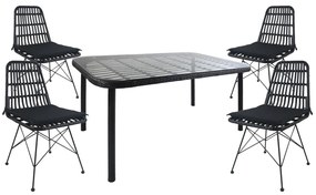 Σετ Τραπεζαρία Κήπου ArteLibre AMPLAS Μαύρο Μέταλλο/Rattan/Γυαλί Με 4 Καρέκλες 14990359-14990359