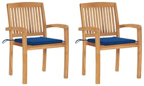 Καρέκλες Κήπου 2 τεμ. από Μασίφ Ξύλο Teak &amp; Μπλε Ρουά Μαξιλάρια
