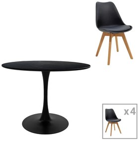 Gaston-Balou I dining table set of 5 pp-mdf in black-natural color D120x75cm 120x120x75 εκ.