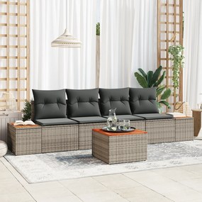 vidaXL Σετ Καναπέ Γκαζόν  5 τεμαχίων με Μαξιλάρια Γκρι Πολυ Ρατάν Ακακία