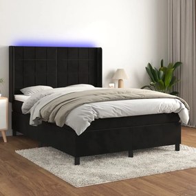 vidaXL Κρεβάτι Boxspring με Στρώμα &amp; LED Μαύρο 140x190 εκ. Βελούδινο
