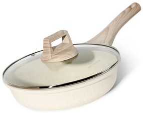 Τηγάνι Just Perfecto JL-41, 24 cm, Γυάλινο καπάκι, Μαρμάρινη επίστρωση, Χωρίς PFAS, Επαγωγή, Μπεζ