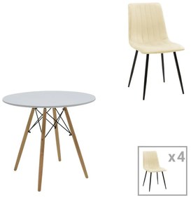 Σετ Τραπεζαρίας Julita-Noor 5 τεμ. MDF Λευκό - Μπεζ ύφασμα Φ80x73εκ. 80x80x73 εκ.