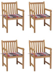 Καρέκλες Κήπου 4 τεμ. Μασίφ Ξύλο Teak με Κόκκινα Καρό Μαξιλάρια - Καφέ