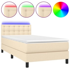 vidaXL Κρεβάτι Boxspring με Στρώμα & LED Κρεμ 90x200 εκ. Υφασμάτινο