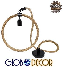 GloboStar® MALVERN 10001239 Vintage Industrial Κρεμαστό Φωτιστικό Οροφής Μονόφωτο 1 x E27 Μαύρο Μεταλλικό με Μπεζ Σχοινί Μ34 x Π22 x Υ34cm