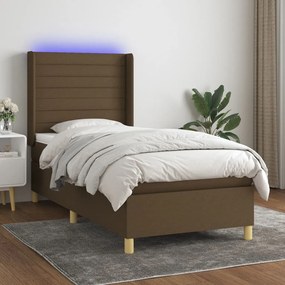 Κρεβάτι Boxspring με Στρώμα &amp; LED Σκ.Καφέ 90x190 εκ. Υφασμάτινο - Καφέ