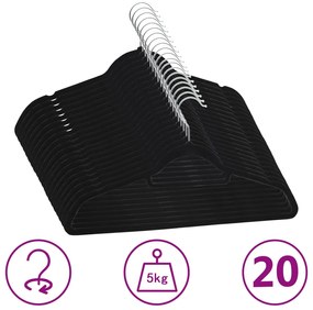 vidaXL Κρεμάστρες Ρούχων Σετ 20 τεμ. Αντιολισθητικές Μαύρες Βελούδο