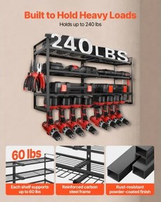 VEVOR Power Tool Organizer Wall Mount, 4-Layer Storage Rack with 8 Drill Holders, Tools Holder and Storage Rack with Screwdriver Holder, Garage Tool Organizer for Garage, Workbench, and Workshop