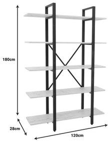 Βιβλιοθήκη Esthon μελαμίνη σε λευκό μαρμάρου και μαύρο μέταλλο 120x28x180εκ 120x28x180 εκ.