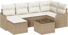 vidaXL Σετ Καναπέ Κήπου με μαξιλάρι 7 pcs Μπεζ και λευκό Πολυ ράταν