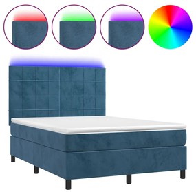 vidaXL Κρεβάτι Boxspring με Στρώμα & LED Σκ. Μπλε 140x200εκ. Βελούδινο