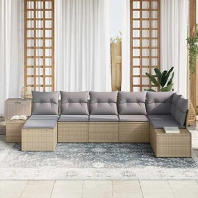 vidaXL Σετ Καναπέ Κήπου 7 Θέσεων με Μαξιλάρια Μπεζ από Πολυ Ράτταν