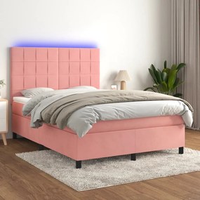 vidaXL Κρεβάτι Boxspring με Στρώμα &amp; LED Ροζ 140x200 εκ. Βελούδινο