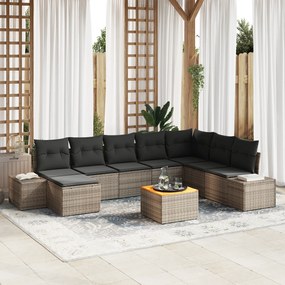 vidaXL Σετ Καναπέ Κήπου 9 pcs Γκρι Ψάθα, Υφασμάτινα υλικά