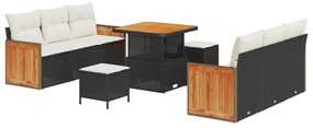 vidaXL σετ καναπέ κήπου 9 τμχ με μαξιλάρια μαύρο πολυ-ρατάν ακακία
