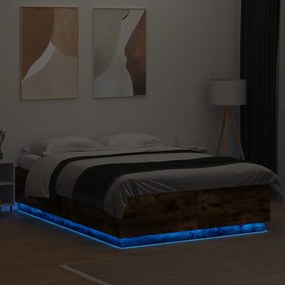 vidaXL Πλαίσιο Κρεβατιού Φώτα LED Καπνιστή Δρυς 140x200 εκ.Επεξ. Ξύλο