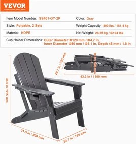 VEVOR Adirondack Chair Plastic Set of 2 All-Weather Folding Fire Pit Gray