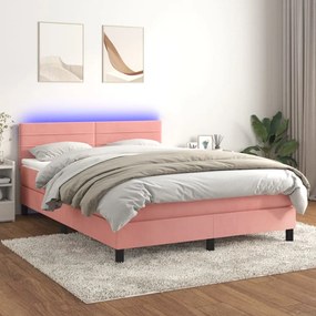 vidaXL Κρεβάτι Boxspring με Στρώμα & LED Ροζ 140x200 εκ. Βελούδινο