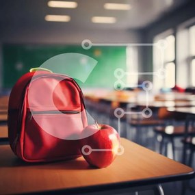 Intra Συλλεκτικό Ξύλινο Παζλ Plywood  4mm - Άδεια τάξη με κόκκινο σακίδιο και μήλο Σε Ξύλινο Κουτί - Διαστάσεις Puzzle: 10x10 cm – 25 κομμάτια