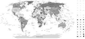 Εικόνα σε φελλό λεπτομερής παγκόσμιος χάρτης σε ασπρόμαυρο σχέδιο - 100x50  peg