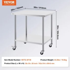 VEVOR Stainless Steel Work Table Commercial Prep Table 30x36 Inch With 4 Casters
