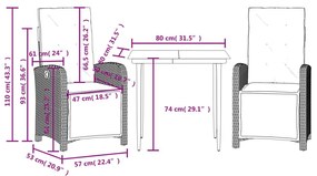 Σετ Επίπλων Bistro 3 τεμ. Αν. Γκρι Συνθετικό Ρατάν με Μαξιλάρια - Γκρι