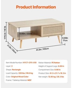 VEVOR Rattan Coffee Table Rectangle Rattan Coffee Table 2-Tier for Living Room