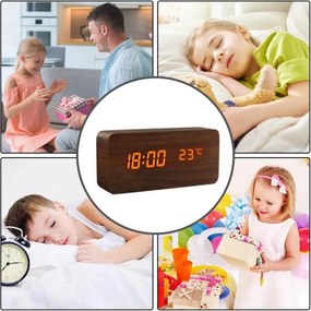 Επιτραπέζιο Ξύλινο Ψηφιακό Ρολόι με οθόνη LED, Ξυπνητήρι, Θερμόμετρο - Καφέ